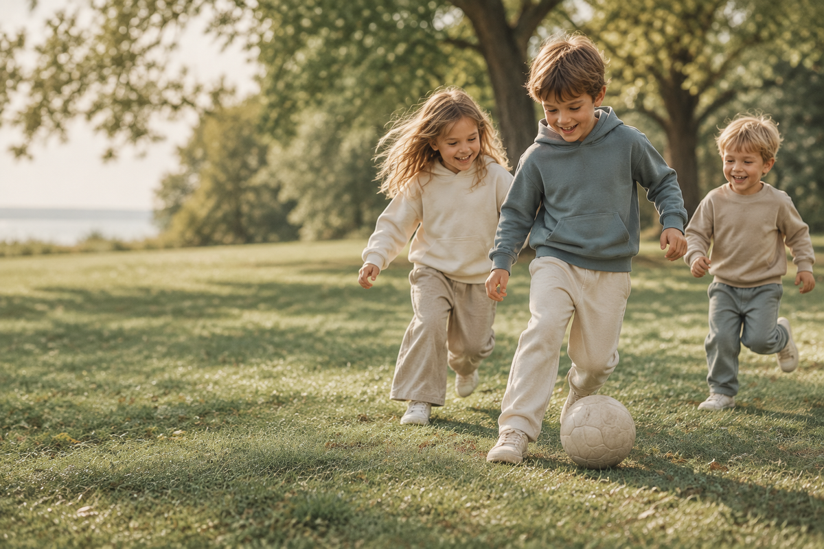Barn som spiller ball i en park, inspirert av BAELIs fargepalett